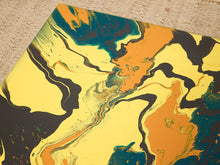 Load image into Gallery viewer, Vintage square side table with swirling yellow, orange, teal, and black marbled abstract top and dark curved-leg base