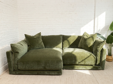 Load image into Gallery viewer, Hansel two-piece sectional sofa in Amici Moss green upholstery with left-arm-facing cuddler, right-arm-facing chair, and plush loose cushions