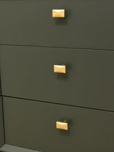 Load image into Gallery viewer, Three dark olive green drawers with small, square, gold-toned metal pulls arranged vertically.
