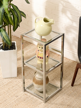 Load image into Gallery viewer, Vintage three-tier étagère with polished chrome rectangular frame, clear glass top, and two lower glass shelves
