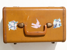 Load image into Gallery viewer, A vintage-style brown leather suitcase or hard case with a curved handle, decorated with a white dove in the center and blue-and-white floral decals on both sides.