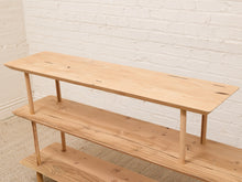 Load image into Gallery viewer, Vintage three-tier natural wood display shelf with long staggered shelves, rounded edges, slender dowel supports, and visible wood grain