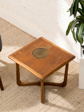 Load image into Gallery viewer, Distressed Mid-Century Lane wood side table with rounded square top, circular decorative detail, curved legs, and crossed base