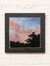 Load image into Gallery viewer, Vintage abstract landscape art print with textured blue, pink, and violet tones, dark silhouetted foliage, and dark mat