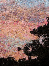 Load image into Gallery viewer, Textured mixed-media artwork depicting a sunset sky with pink, peach, and blue hues, a dandelion, and dark tree silhouettes.