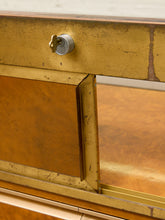 Load image into Gallery viewer, Vintage Burl Wood & Brass Rolling Display Cabinet