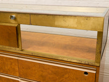 Load image into Gallery viewer, Vintage Burl Wood & Brass Rolling Display Cabinet