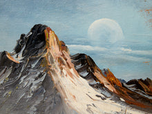 Load image into Gallery viewer, An impressionistic oil painting of a mountain peak under a pale sun, rendered in textured brushstrokes of black, gray, cream, and warm brown against a light blue sky.