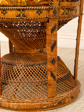 Load image into Gallery viewer, Close-up of a woven rattan or wicker furniture piece, showing the detailed texture of the natural brown material with black geometric pattern accents.