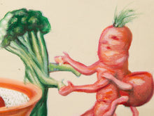 Load image into Gallery viewer, A whimsical painting of a carrot-like baby figure reaching toward a broccoli stalk, with a bowl at the lower left, rendered in soft orange, green, and cream tones.