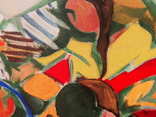 Load image into Gallery viewer, Abstract expressionist painting on textured canvas with bold brushstrokes in yellow, red, green, brown, black, and white.