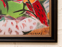 Load image into Gallery viewer, A close-up of a framed abstract painting hanging on a white textured wall. The artwork features bold, expressive brushstrokes in red, green, white, orange, and black, enclosed in a dark wood frame with a gold inner trim.