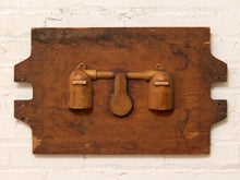 Load image into Gallery viewer, Antique wooden foundry mold with raised wood pattern pieces, aged brown patina, workshop markings, and worn rectangular backing board
