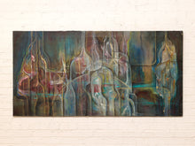 Load image into Gallery viewer, Wide abstract painting with layered elongated organic forms in deep teal, blue, green, burgundy, muted pink, cream, and brown