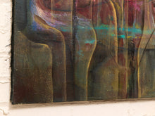 Load image into Gallery viewer, Abstract canvas painting featuring textured vertical brushstrokes in earthy tones of brown, olive green, and gold, with vibrant accents of teal, pink, and purple, mounted on a white textured wall.