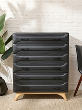 Load image into Gallery viewer, 1960s Franklin Shockey Sculptured Mid-Century Modern six-drawer dresser with curved molded drawer fronts, metal pulls, and tapered wood legs