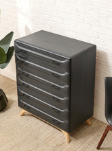 Load image into Gallery viewer, 1960s Franklin Shockey Sculptured Mid-Century Modern six-drawer dresser with curved molded drawer fronts, metal pulls, and tapered wood legs