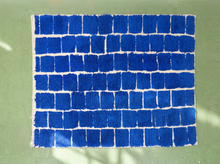 Load image into Gallery viewer, Vintage cobalt blue shag area rug with irregular white geometric grid pattern and plush textured pile