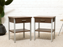 Load image into Gallery viewer, Pair of vintage wood nightstands with single drawers, metal pulls, open lower shelves, and slim metal legs