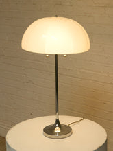 Load image into Gallery viewer, Vintage white sculptural dome table lamp with segmented glossy shade, chrome stem, and round polished metal base.