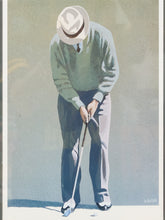 Load image into Gallery viewer, The Putt framed golf art print depicting a golfer lining up a putt, with neutral matting and a warm wood frame