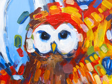 Load image into Gallery viewer, Colorful impasto oil painting of an owl with expressive brushstrokes in red, yellow, blue, white, and brown.