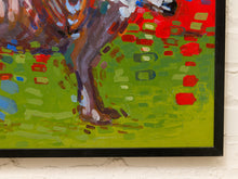 Load image into Gallery viewer, A close-up of a framed painting depicting a horse's legs in a vibrant green field with red and blue brushstrokes, mounted on a white brick wall.
