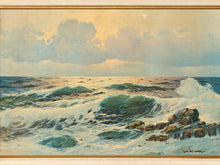 Load image into Gallery viewer, Framed seascape painting with blue-green breaking waves, white surf, dark coastal rocks, and a softly clouded sky