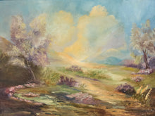 Load image into Gallery viewer, A soft-focus landscape painting showing a sunlit path through grassy fields, with trees on both sides, distant blue hills, and glowing yellow clouds in a blue sky.