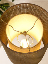 Load image into Gallery viewer, A close-up of a woven metal lampshade with a warm glowing light bulb inside, showing a brass-colored three-light fixture wire frame.