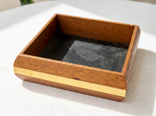 Load image into Gallery viewer, Vintage rectangular wood valet tray with dark inset base and brass band detail around the exterior