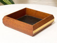 Load image into Gallery viewer, Vintage rectangular wood valet tray with dark inset base and brass band detail around the exterior