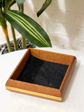 Load image into Gallery viewer, Vintage rectangular wood valet tray with dark inset base and brass band detail around the exterior
