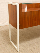 Load image into Gallery viewer, Danish modern wood jewelry display case with clear glass top, multiple shallow drawers, and squared metal frame and legs