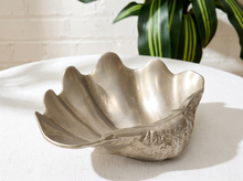 Load image into Gallery viewer, Vintage sculptural metal clam shell bowl with deep organic ridges, irregular curved edges, and dark silver-tone finish