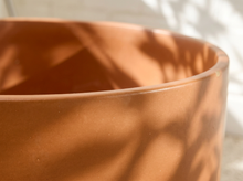 Load image into Gallery viewer, Close-up of a terracotta-colored ceramic planter pot with warm orange-brown shading from leafy branches.