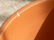 Load image into Gallery viewer, Close-up of a terracotta-colored plastic or clay pot rim with a small chip on the edge, set against a soft beige textured background.