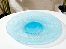 Load image into Gallery viewer, Vintage Murano flat art glass platter with transparent circular form and concentric turquoise blue spiral pattern