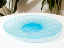 Load image into Gallery viewer, Vintage Murano flat art glass platter with transparent circular form and concentric turquoise blue spiral pattern