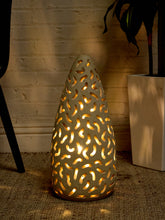Load image into Gallery viewer, Vintage off-white ceramic table lamp with tall tapered form, textured surface, and organic pierced openwork pattern