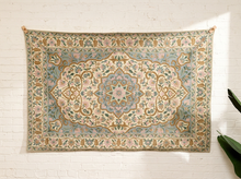 Load image into Gallery viewer, Vintage floral needlepoint tapestry with ornate botanical pattern in muted pink, sage green, blue-gray, cream, and brown tones
