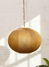 Load image into Gallery viewer, Vintage hanging pendant light with large rounded brown woven globe shade and decorative metal chain