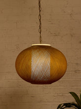 Load image into Gallery viewer, Vintage hanging pendant light with large rounded brown woven globe shade and decorative metal chain