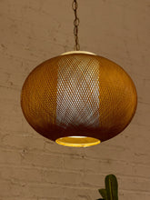 Load image into Gallery viewer, Vintage hanging pendant light with large rounded brown woven globe shade and decorative metal chain