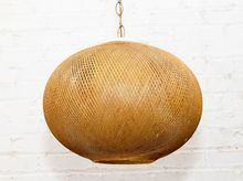 Load image into Gallery viewer, Vintage hanging pendant light with large rounded brown woven globe shade and decorative metal chain