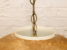 Load image into Gallery viewer, Vintage hanging pendant light with large rounded brown woven globe shade and decorative metal chain