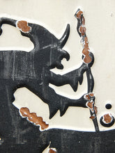 Load image into Gallery viewer, Vintage-style Witch Parking Only metal sign with black witch riding a broomstick, distressed cream background, black lettering, weathered edges, and Violators Will Have a Spell Cast on Them text