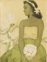 Load image into Gallery viewer, Vintage framed portrait of a Hawaiian hula dancer with floral hair adornment and tropical foliage in muted green and cream tones