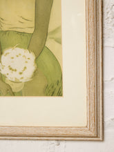 Load image into Gallery viewer, Vintage framed portrait of a Hawaiian hula dancer with floral hair adornment and tropical foliage in muted green and cream tones