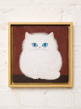 Load image into Gallery viewer, Vintage framed cat portrait featuring a fluffy white Persian cat with bright blue eyes, a small pink nose, and long soft fur against a reddish-brown background, displayed in a simple light wood-tone frame.